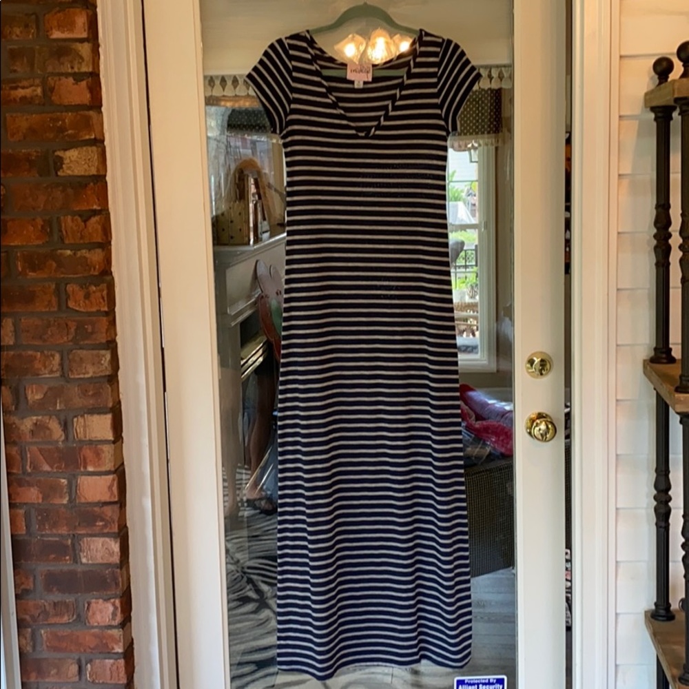 Elegant Navy and Gray Striped Maxi Dress
